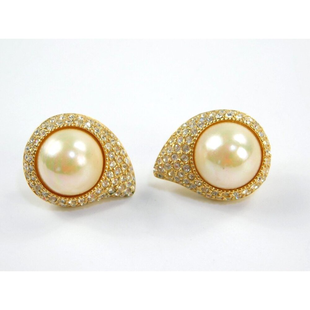 Vtg Christian Dior Faux Pearl Pave Crystal Gold Tone Teardrop Pierced Earrings